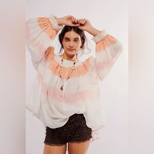 NWT new we the free people sweet strips shirt medium white peach long sleeve